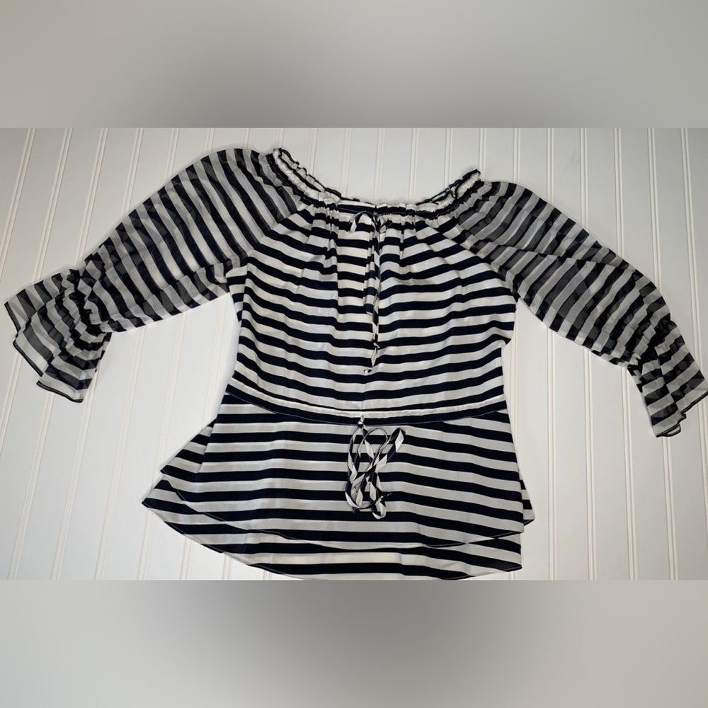 Alice + Olivia Navy Blue White Silk Striped Top Blouse  Off Shoulder XS 441